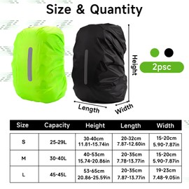 VINEST Pack of 2 Rain Cover Backpack, 30-55L Waterproof Backpack Rain Cover with Reflective Strips, Rain Cover School Bag Black Green Rain Cover Backpack for Hiking Camping Cycling (S(25-29L))