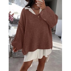 Saodimallsu Womens Oversized V Neck Sweaters Chunky Knit Lantern Long Sleeve Fall Winter Slouchy Tunic Sweater Tops Brown