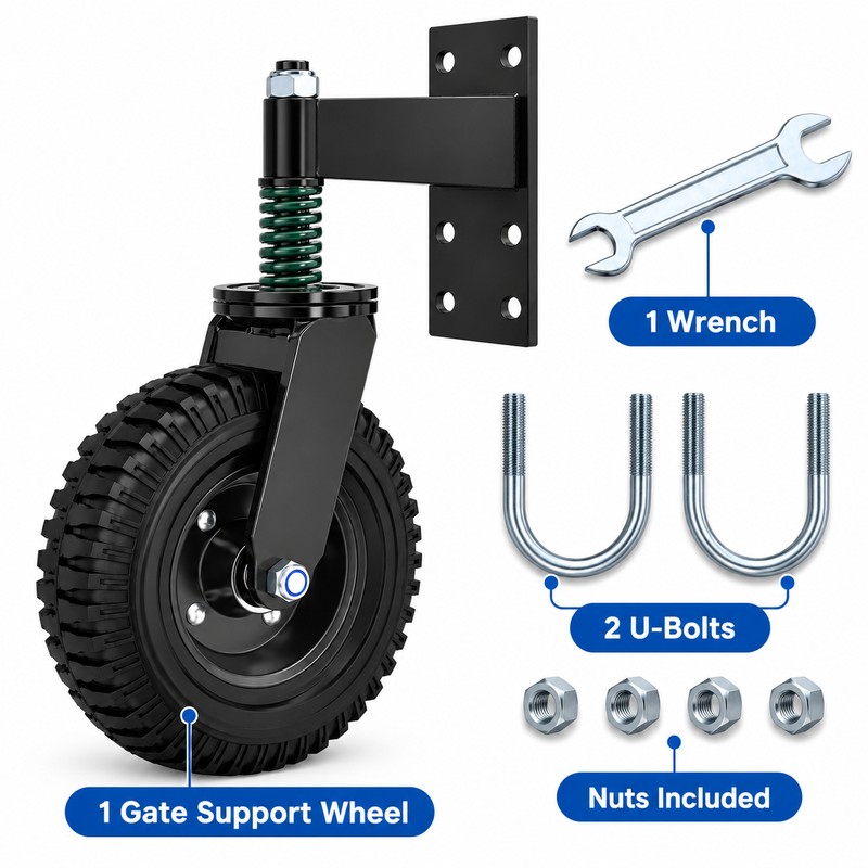 Heavy Duty 8-Inch Gate Support Wheel with Solid Rubber Roller,