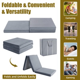 HOMBYS Tri Folding Memory Foam Camping Mattress for Outdoor Sleeping, Portable Waterproof Camping Pad Mat for Travel Truck Bed Tent,72" L x 24" W, Light Grey