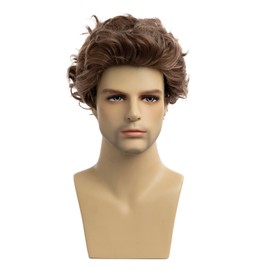 Baruisi Mens Short Brown Wig Natural Curly Fluffy Hair Wig Handsome Cosplay Replacement Wig for Male