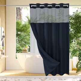 Gibelle Long Shower Curtain 72x80, Waffle Weave Bathroom Shower Curtain with Snap-in Fabric Liner Set, No Hooks Needed, Hotel Style with Mesh Top Window, Navy Blue