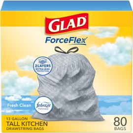 Glad ForceFlex Tall Kitchen Drawstring Trash Bags, 13 Gal, Fresh Clean, 80 Ct (Package May Vary)