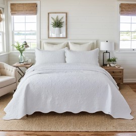 Brandream White Quilt Set King Size Cotton Botanical Matelasse Bedding Lightweight Summer Scalloped Quilt Set 3-Piece