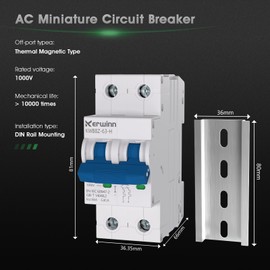KERWINN Miniature Circuit Breaker 1000V dc Circuit Breaker 2 Pole 63Amp Smart Circuit Breaker,DC Disconnect Switch DIN Rail Mount for Marine Power Systems, Solar photovoltaic Systems (C63A)