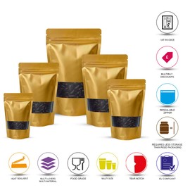 25pcs Window Standup Bags With Window, Resealable Food Bags Ziplock With Window, Sealable Zipper Bags Reusable Mylar Baggies Heat Seal Packaging Bags for Food Storage (Window Gold Matt, 11x17cm)