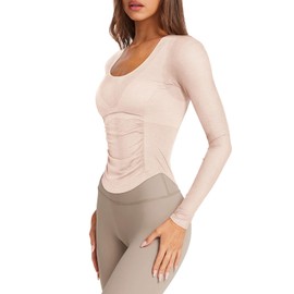 LASLULU Womens Long Sleeve Workout Tops Active Mesh Sheer See Through Fitted Open Back Gym Yoga Athletic Running Tops Wrap Top Pilates Outfits (Apricot, Small)