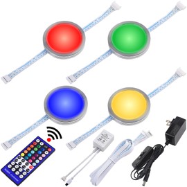 Lvyinyin RGBWW Under & Above Shelf Light, Round LED Puck for Accent & Ambient Lighting, Color Changing & True Warm White, Remote Dimmable, Daisy Chain Linkable, 110 Volt Wall Plugged in, 4 Lights
