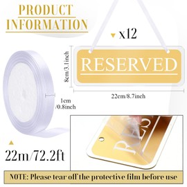 Beeveer 12 Pcs Reserved Chair Signs for Wedding Acrylic Hanging Reserved Seating Signs with Ribbon for Wedding Parties Events Church Pews Chair Restaurant(Gold)