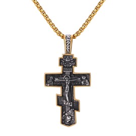 Cupimatch Men's Orthodox Cross Necklace: Vintage Stainless Steel Jesus Cross Pendant Necklace with Unique Religious Christian Orthodox Jewelry