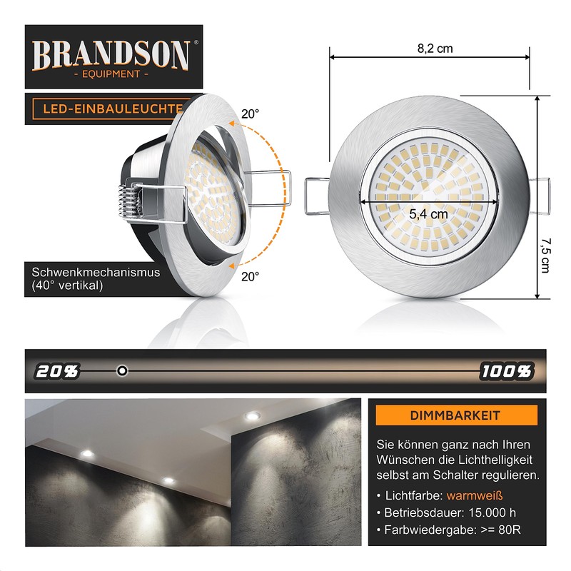 Brandson - 4x LED Ceiling Spotlight Dimmable and Swivelling -