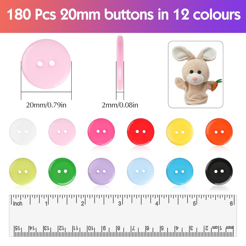 Furuising 180 Pcs Mixed Buttons, 20mm Resin Button 12 Color