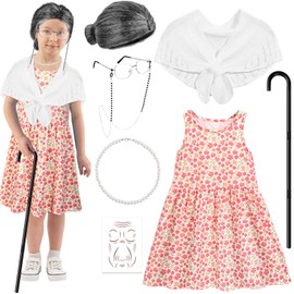 Kuscul 100 Days of School Costume Old Lady Costume Granny Dress Up Costume With Grandma Glasses Necklace Wig Granny Cane (120 CM)