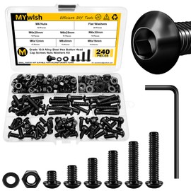 Mywish 240 Pieces M6 Screw Nuts and Bolts Assortment Kit, 10.9 Grade Alloy Steel, Nuts and Bolts Button Head Socket Cap, Flat Washers/Nuts/Hex Wrenches M6*8/12/16/20/25/30mm Black, Fully Threaded