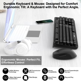 Wireless Keyboard and Mouse Combo, MOFII 104 Keys Full-Size Retro Round Keys Typewriter Keyboards Ergonomic Keyboards and Mouse Wireless for Windows, PC, Laptop, Desktop Black