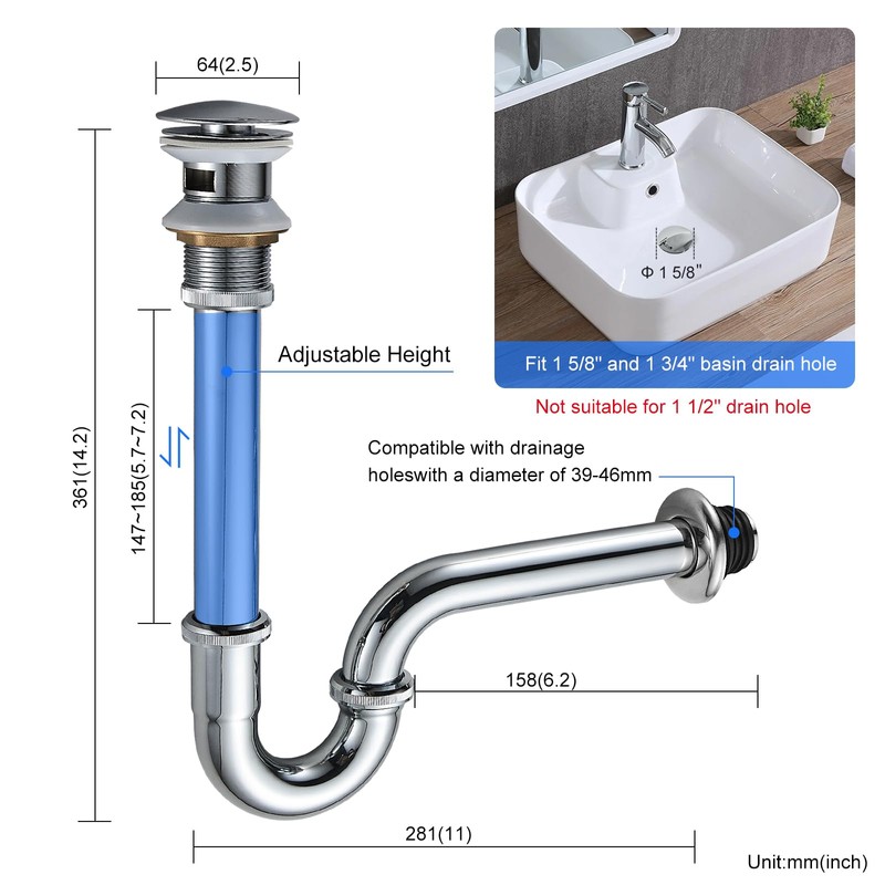 MENATT Bathroom Basin Sink Stopper U Shape Bottle Trap，Adjustable Height