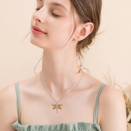 YFN Dragonfly Necklace Sterling Silver Amber Dragonfly Pendant Orange Dragonfly Jewelry Gift for Women, Organe