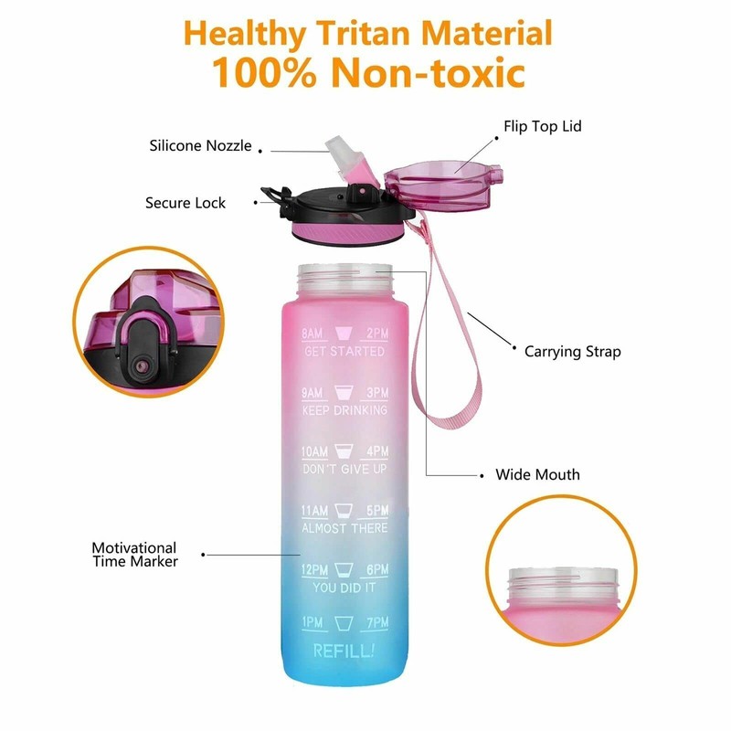 Water Bottle 1L Motivational Drink Flask With Time Markings BPA