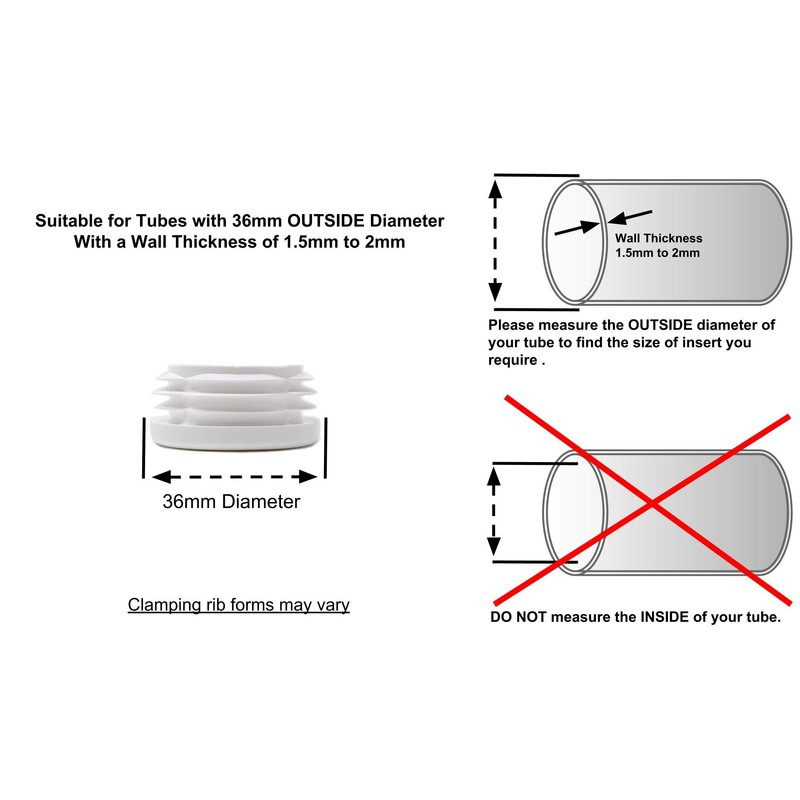 36mm Plastic End Caps, White Tube Inserts, Pack of 4