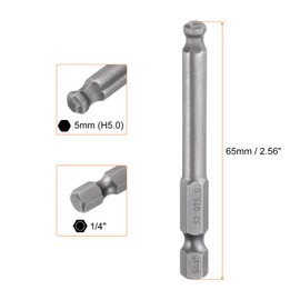 sourcing map Ball End Hex Screwdriver Bit 5mm (H5.0) Tip 1/4" Hex Shank 65mm (2.56") Long Magnetic Ball Head Bits Industrial Grade S2 Steel Metric Screw Driver Bit
