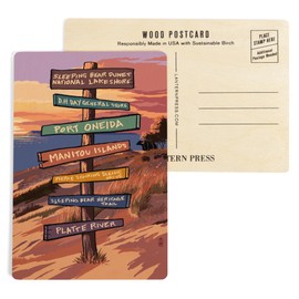 Sleeping Bear Dunes, Sunset and Bear, Destination Sign (4x6 Birch Wood Postcards, 2-Pack Stationary, Rustic Home Wall Decor)
