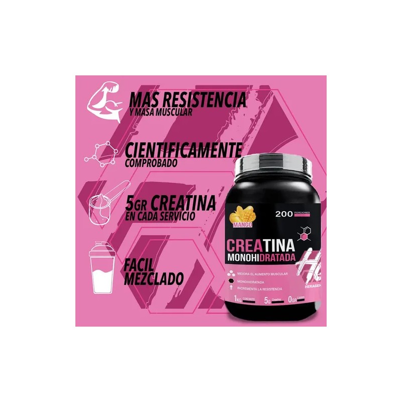 Creatina Monohidratada Heragen 1k 200 Sabores Mango