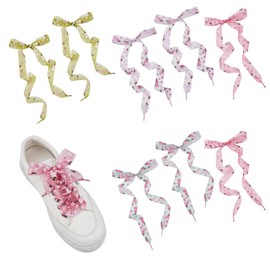 NICENEEDED 4 Pairs Flower Prints Chiffon Shoelaces, 47 Inch Organza Snow Yarn Shoe lace, Flat Satin Ribbon straps, Shoestring Accessories for Athletic Sneakers Shoes