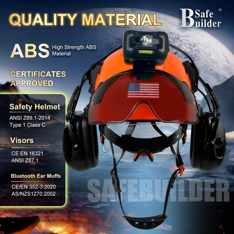 SAFEBUILDER Hard Hats with Bluetooth Ear Muffs Headlight Safety Helmet