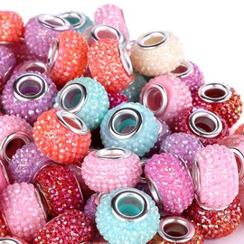 Victlov 100 cuentas espaciadoras europeas de 14 mm con agujero grande mezclado de colores con núcleos de latón plateado, suministros de cuentas para collares, pulseras, joyería (bola de baya)