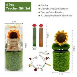 WAFOIRO Teacher Appreciation Gifts Set – Crochet Sunflower Pen Holder, Mushroom Bookmarks, Charm Bracelet, Thank You Gift for Women Book Lovers