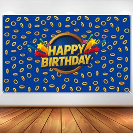 SAVITA Birthday Backdrop, 6x4 ft Blue Hedgehog Happy Birthday Banner with Gold Rings Print Photo Prop for Boys & Girls Cartoon Themed Party Background Decorations Video Game Party Favors Supplies