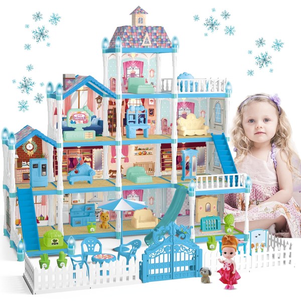 Dollhouse Doll House Toys - 4 Storeys Big Dreamhouse Pretend Play Building Playset with 12 Rooms,Courtyard,Dollhouse Asseccories and Furniture, Gift for 3 4 5 6 7 8 9 10 Year Old Girls Toys