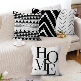 Hnmdmyi Kissenbezüge Schwarz und Weiß 40x40 4er Set, Boho Kissenbezüge Bauernhaus Modern Einfaches Geometrisches Muster Dekorative Leinen Kissenhülle für Sofa Couch Bett Garten Outdoor Home Decor