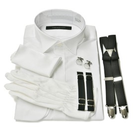 Tuxedo Station Wing Collar Shirt Accessory Set of 6 (Strongest Cost) Chief (White Plain), Cufflinks White, Suspenders, Armband, Gloves, white