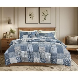 SLEEPBELLA Washed Double Layer Muslin 100% Cotton Comforter Set King Size, Boho Blue Patchwork Fluffy Thick Checked Bedding Set, Soft Breathable (1 Comforter, 2 Pillow Shams)