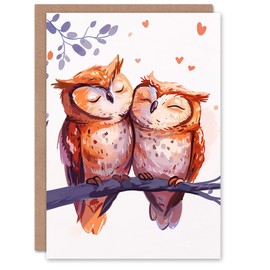 Artery8 Birthday Card Two Cute Horned Owl Birds in Love Bright Sweet Blank Arty Art All Occasion Greeting Card