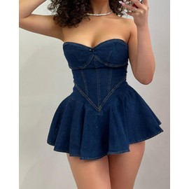 Women’s Summer Denim Dress Sexy Strapless A Line Jean Dress Plated Bustier Corset Denim Mini Dress (US, Alpha, Small, Regular, Regular, Dark Blue)
