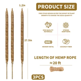 3 Pack Moss Pole Monstera Plant Support, 28 Inch Bendable Moss Poles for Climbing Plants with 20 FT Jute Ropes, Coco Coir Moss Pole Kit Support for Indoor Potted Plants, Pothos, Philodendron
