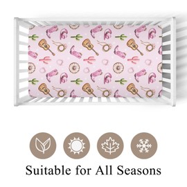 Cute Pink Western Cowgirl Hat Boot Cactus Fitted Crib Sheet for Baby Girls Boys 28x52 Inch Guitar Bows Wildflowers Baby Sheet for Standard Crib and Toddler Mattress Wild West Nursery Bed