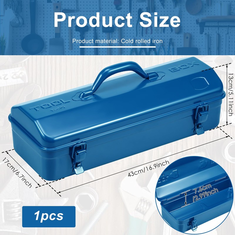 Tool Box, 16.9" Portable Metal Tool Organizer Box with Double