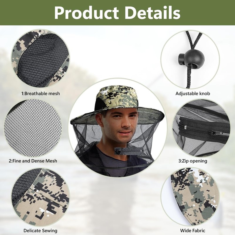 AOGOE Mosquito Head Net Hat, Mosquito Hat with Removable Netting,