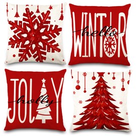 DIYDEC 4 Pack Christmas Cushion Covers, 18×18 Inch Linen Red Christmas Tree Snowflake Throw Pillow Covers Xmas Hello Winter Pillow Cases for Christmas Indoor Home Living room Sofa Decorations