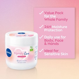 NIVEA Family Care Sensitive Moisturising Cream (450 ml), Body Cream for Dry Skin, Sensitive Skin Moisturiser with Natural Almond Oil, Suitable for the Whole Family