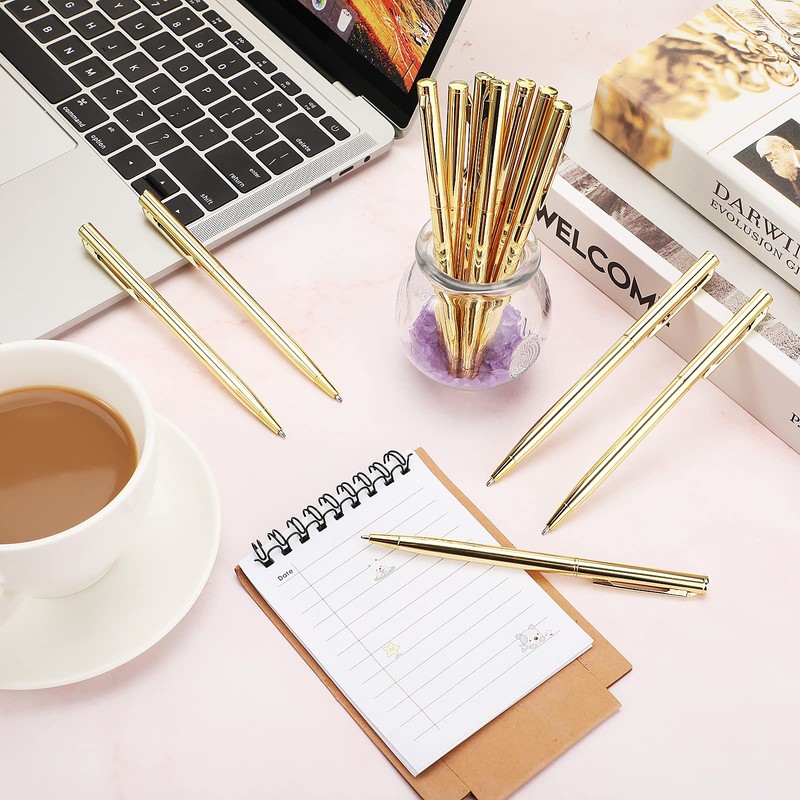 15 Pieces Gold Slim Ballpoint Pens Black Ink 1 mm
