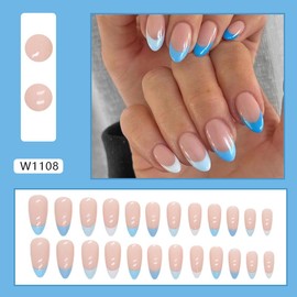 Blue French Tip Press on Nails Almond Fake Nails Medium False Nails Press ons with Designs Reusable Acrylic Nails Full Cover Glue on Nails Artificial Stick on Nails for Women Manicure 24Pcs