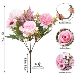 Dremisland Artificial Flowers Like Real Artificial Bouquet 4 Packs Silk Artificial Roses Bouquet with Daisy Chrysanthemum Pink Flowers for Centerpiece Table Wedding Party Home Decor