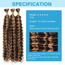 SOYI HAIR Extensiones de cabello humano trenzado con ondas profundas, ombré, 150 g, 20 pulgadas, P4/27, rizado, para trenzas bohemias, sin trama, 3 trenzas por paquete, cabello humano húmedo y ondul