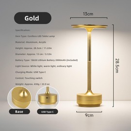 Wokyo LED Desk Lamp, Cordless Stylish Aluminum Table Lamp, Adjustable Brightness with Quick Charging Round Shape (Gold)