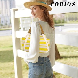 CORIOS Women's Canvas Handbag, Multi-Colour Stripes, Tote Bag, Casual Patchwork Tote Bag, Handbag in Retro Style, Multifunctional Clutch Bag for School, Travel, Shopper, Work, yellow