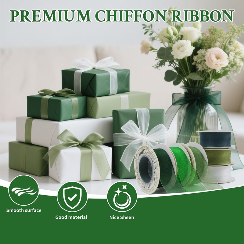6-Roll Sheer Organza Ribbon 1" x10yd, Mixed Colours, Satin Hem
